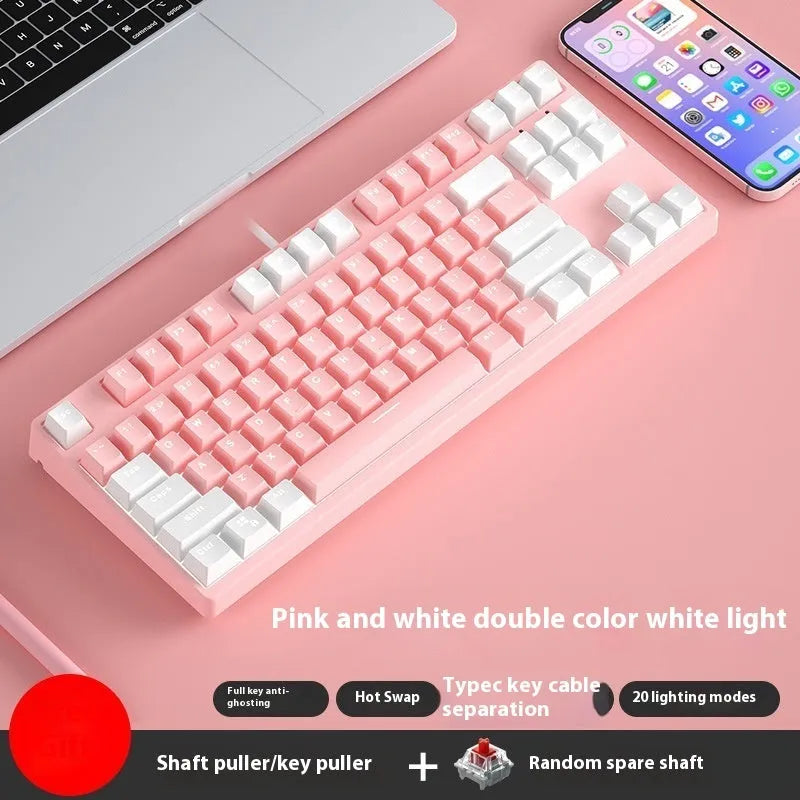 87-key wired mechanical gaming keyboard with hot-swappable switches shown in a two-tone colour scheme on a metal chassis.