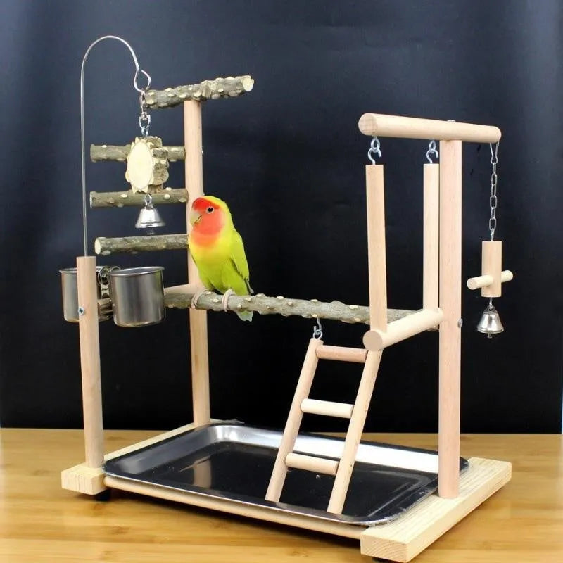 Parrot toy stand with pepper wood pole, a colourful bird swing, and a platform for cage enrichment.