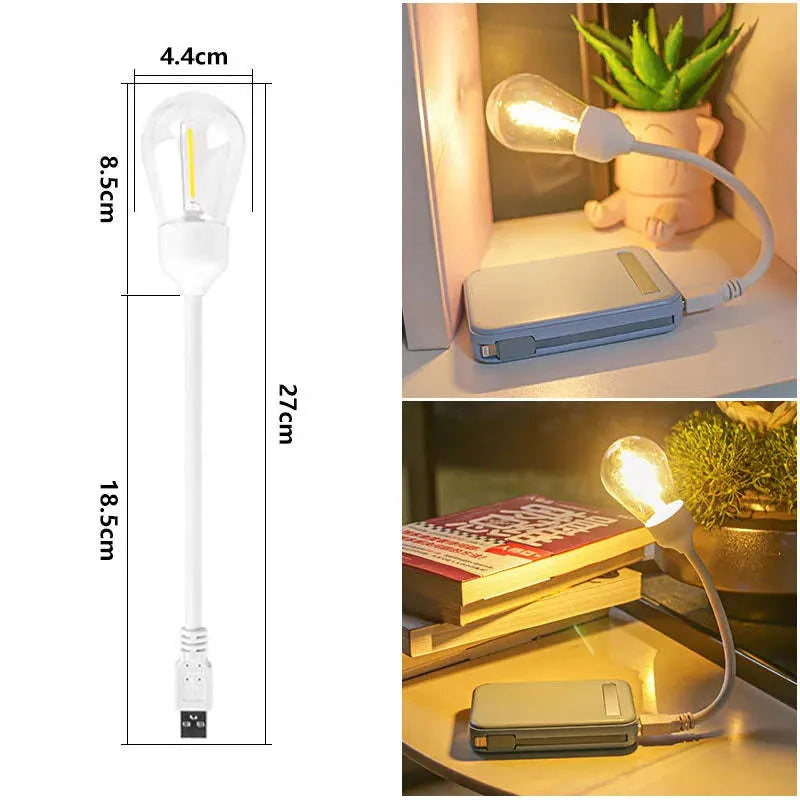 USB rechargeable folding night light with tungsten S14 bulb showing warm white illumination