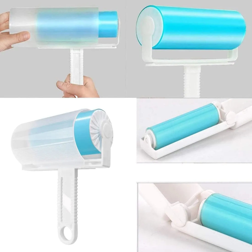 Reusable lint roller with cover in blue, green, pink, and yellow colours for removing pet hair from clothes and sofas