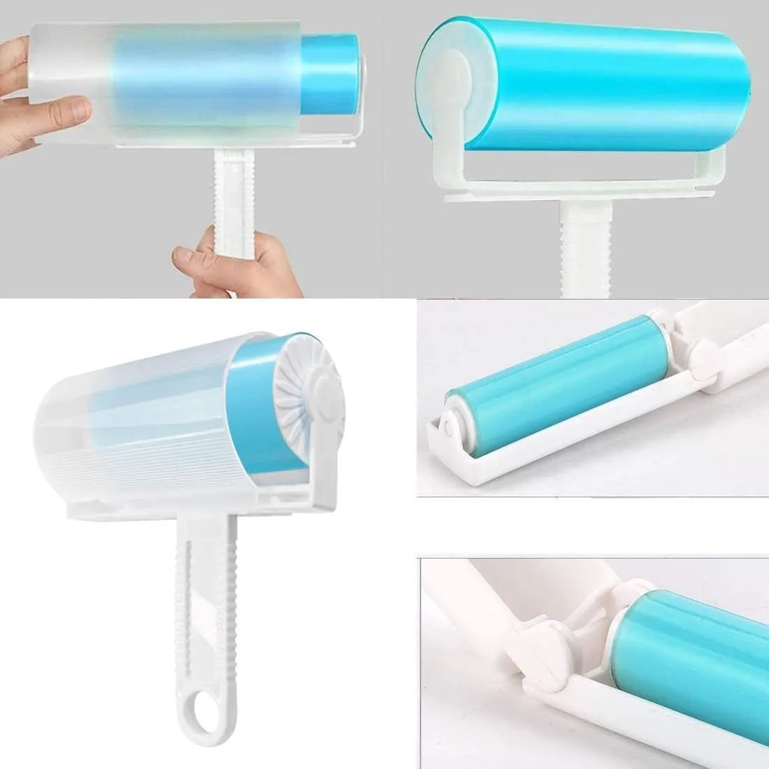 Reusable lint roller with cover in blue, green, pink, and yellow colours for removing pet hair from clothes and sofas