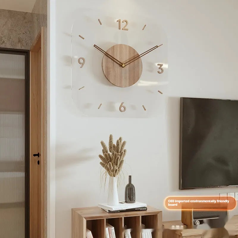 35 cm square transparent wooden wall clock with modern design on white wall