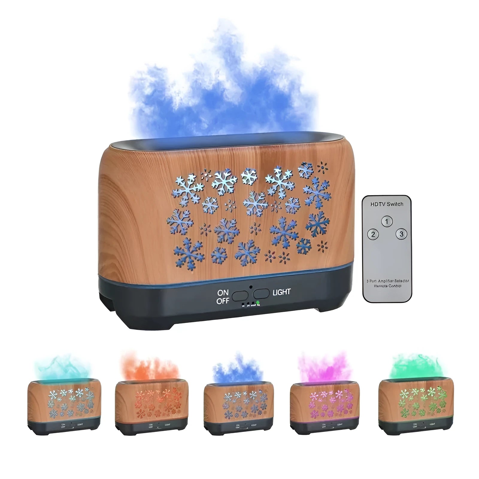 Christmas snowflake pattern humidifier with colourful flame effects and remote control on wooden desk