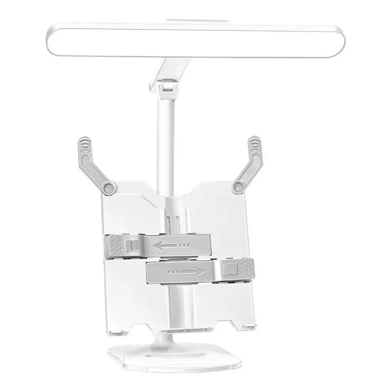 Adjustable desk lamp with integrated bookshelf showing three light colour settings and a charging cable.