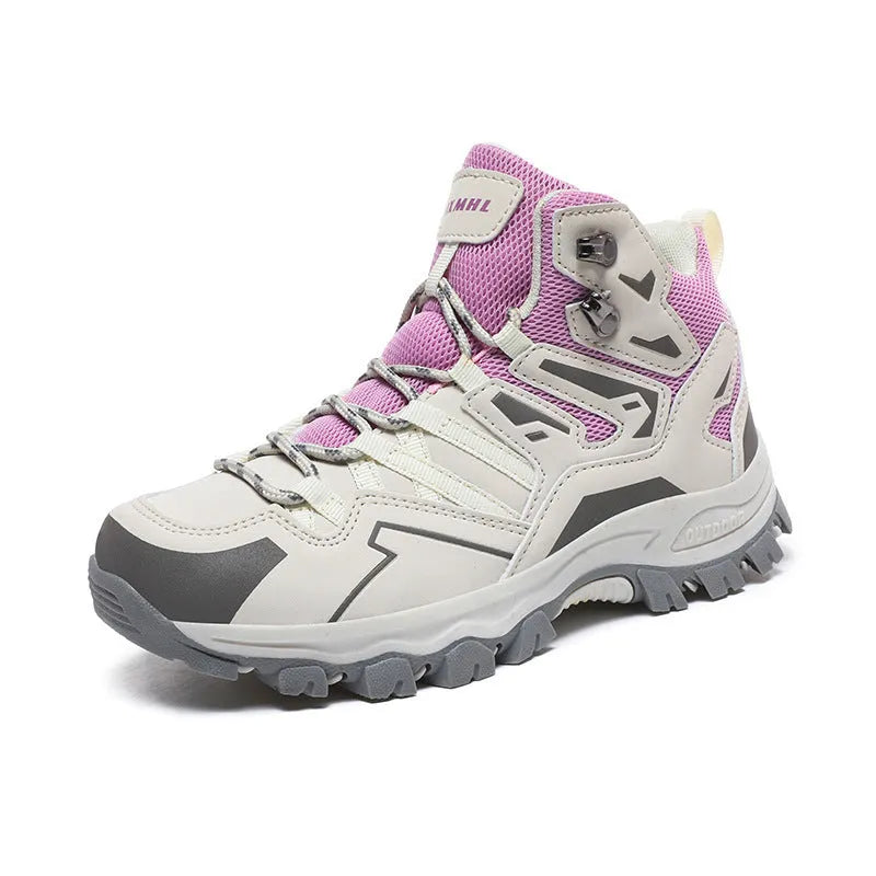 A pair of low-top hiking sneakers with a lace-up front, shown in a colour option like grey or purple.