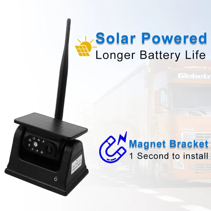 Solar wireless charging vehicle reversing camera with aluminium alloy shell and magnet on black mount.