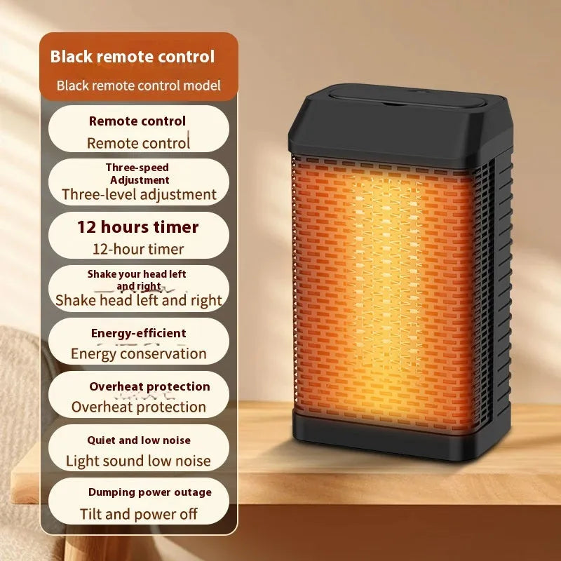 Black remote control desktop heater with compact design showing control knobs and air vents
