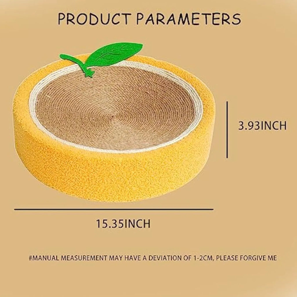 Yellow round cat scratching board with sisal surface and concave bed centre
