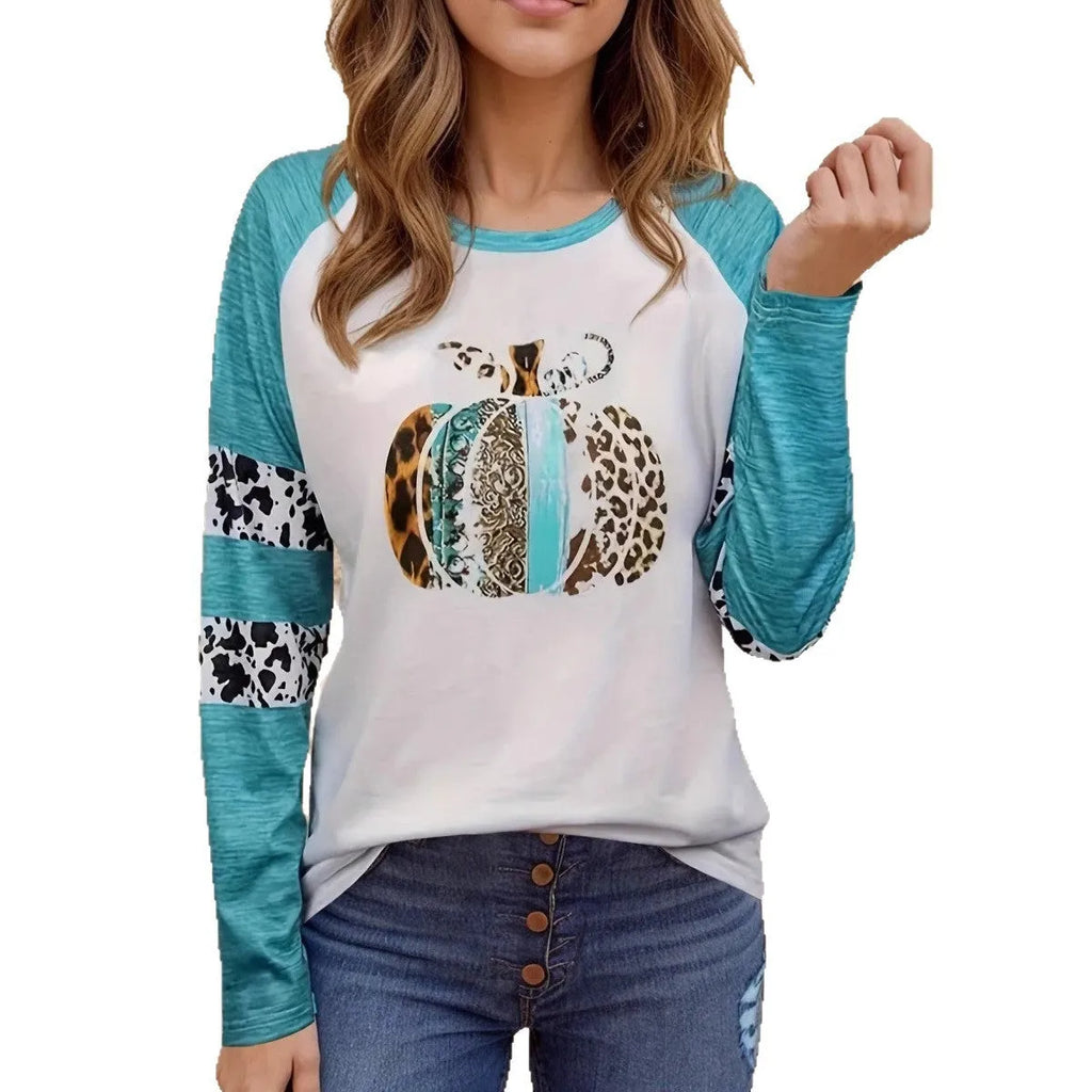 Sky blue Halloween T-shirt with 3D pumpkin print in Japanese Korean casual style