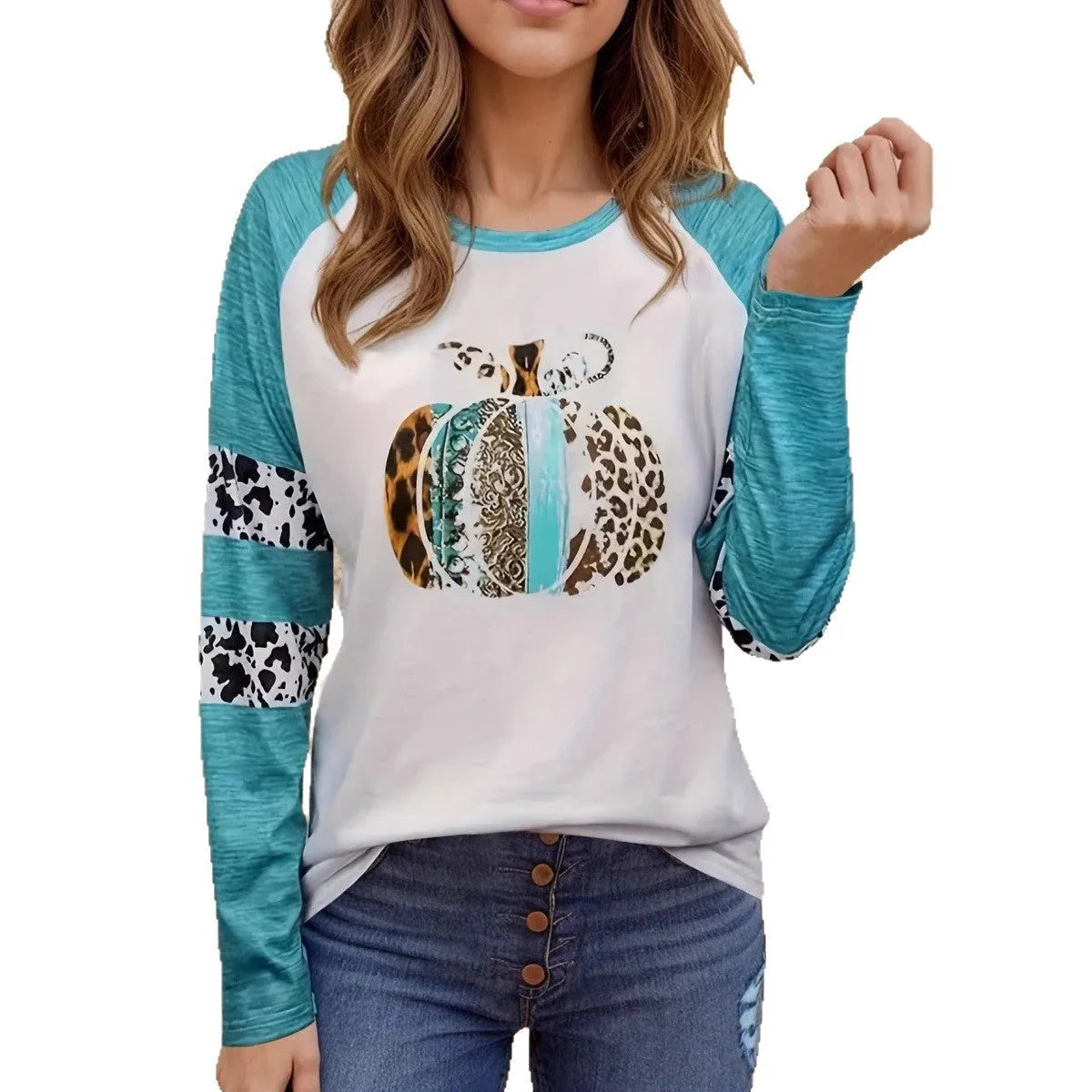 Sky blue Halloween T-shirt with 3D pumpkin print in Japanese Korean casual style