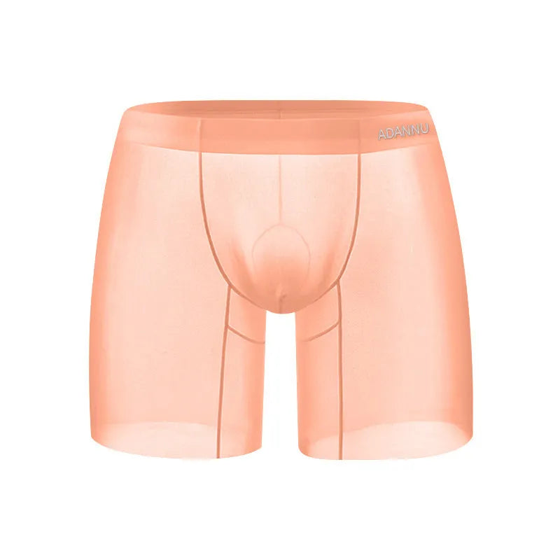 Men's low-rise nylon boxers in orange, pink, or red solid colours.
