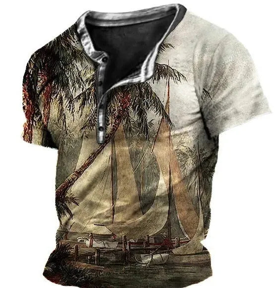 Men's short sleeve sports shirt with 3D printed pattern and lapel button in polyester fabric