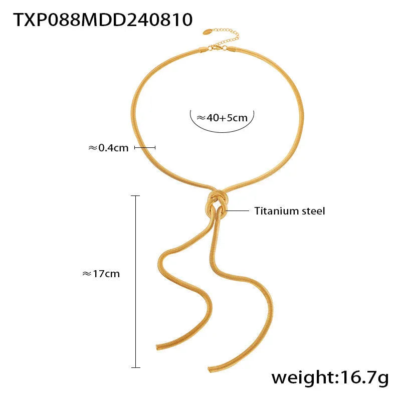 Gold electroplated titanium steel knotted tassel snake chain necklace with matching earrings set