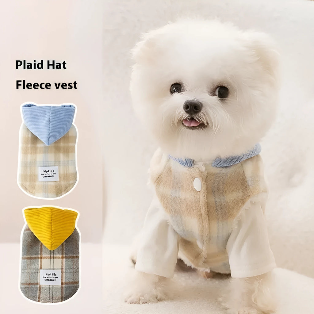Blue chessboard grid corduroy hooded vest for small dog with traction hood design