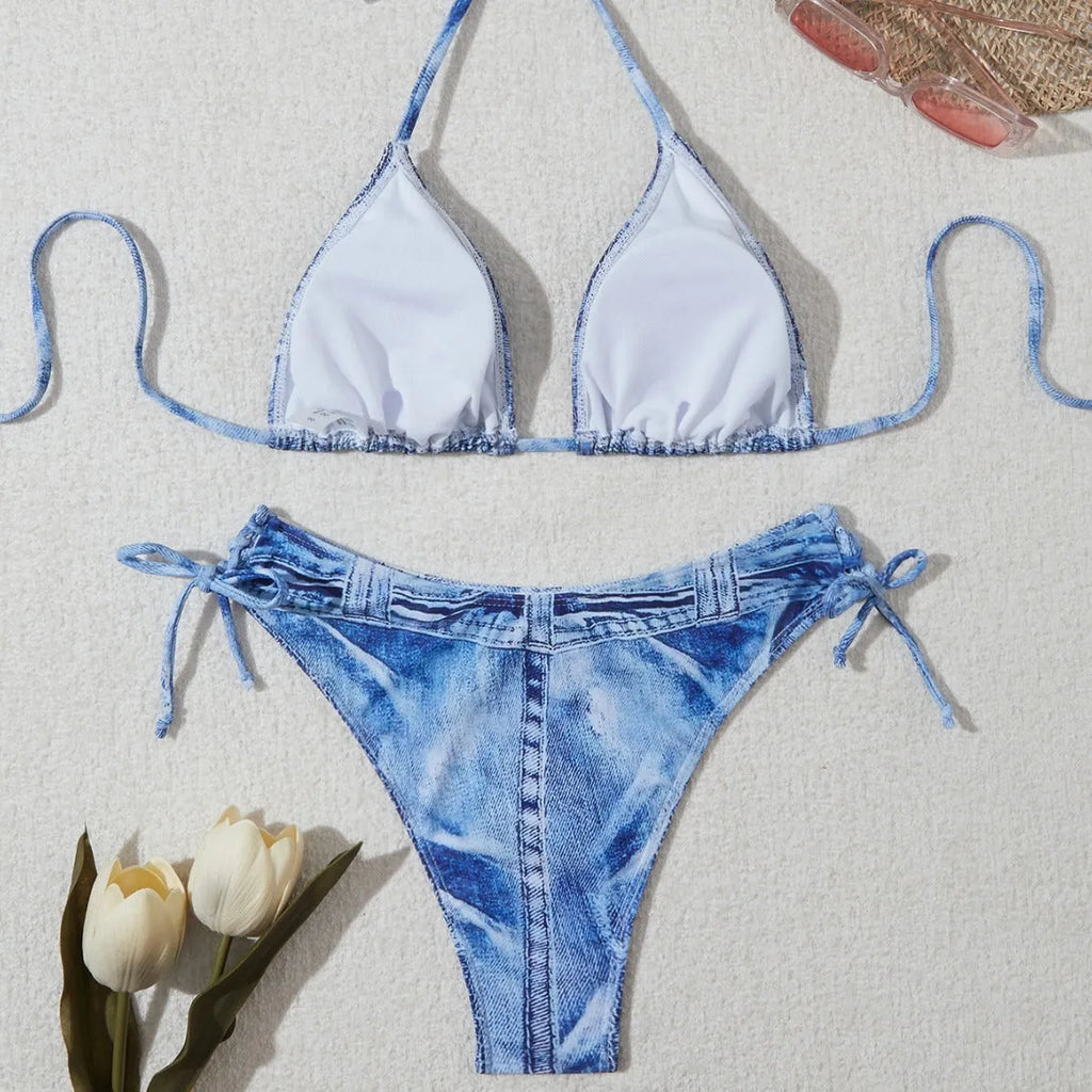 Women's denim blue printed bikini set with adjustable straps