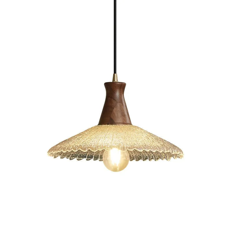 Retro brass and wood ceiling chandelier with a glass lampshade, shown in small, medium, and large sizes.
