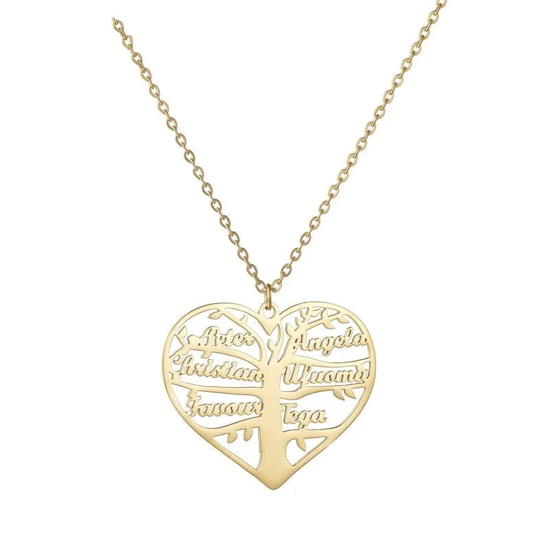 Custom stainless steel necklace with hollow heart lucky tree pendant engraved with names, shown in silver, gold, and rose gold colours.