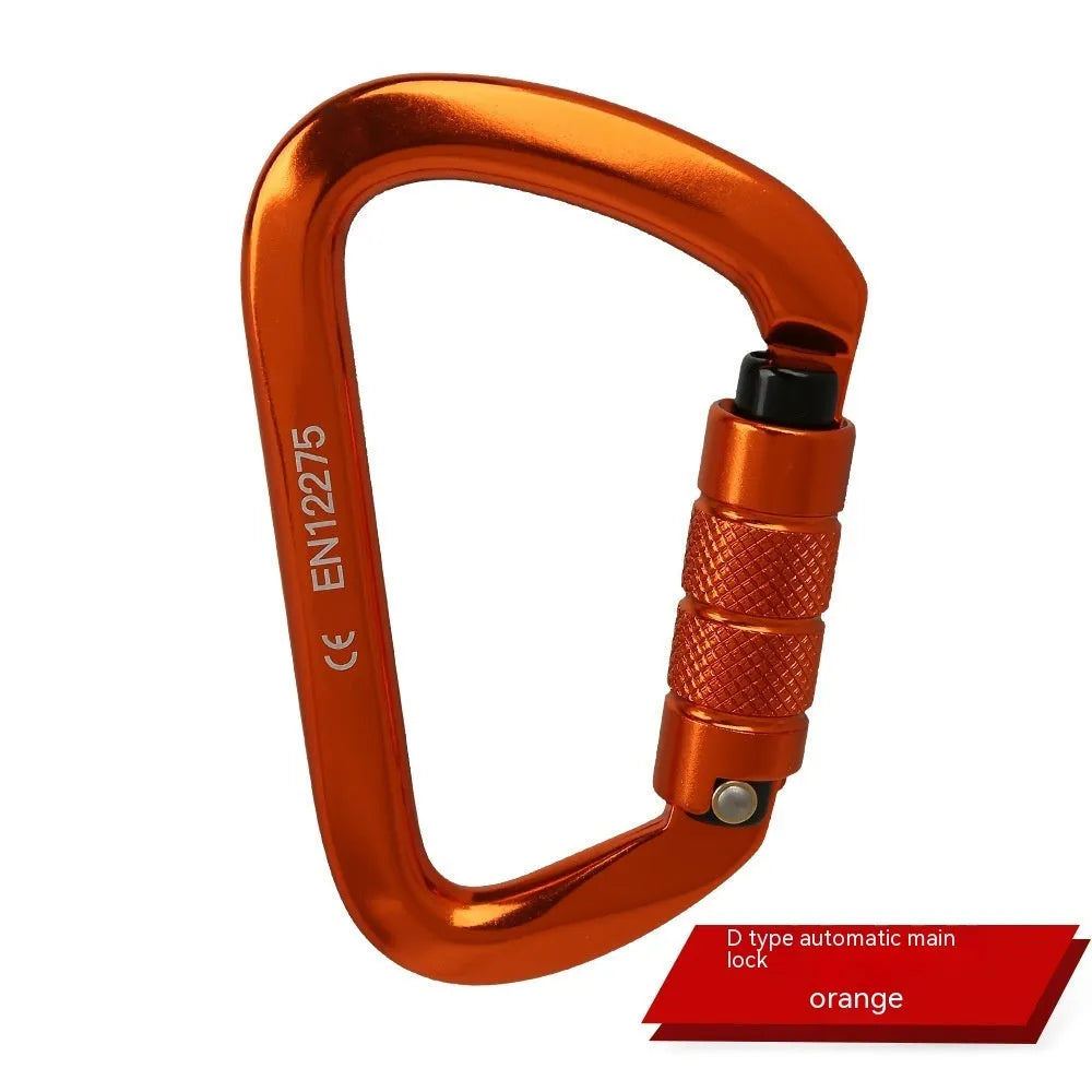 D-shaped climbing carabiner main lock in colours: black, blue, orange, red, silver red with automatic or threaded gate.