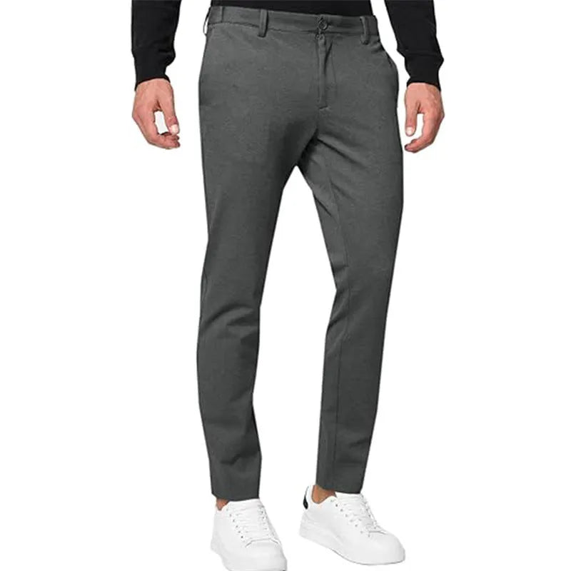 Men's slim-fit tapered chino trousers in cotton blend fabric showing five colour options