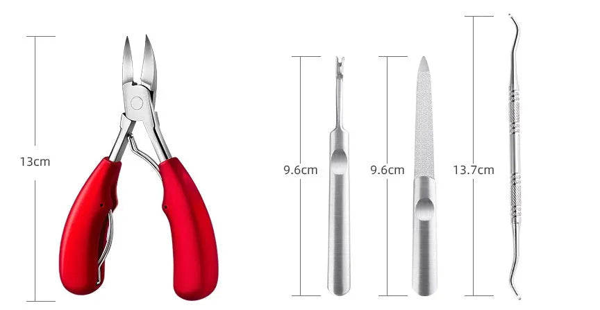Stainless steel nail clippers set with red, blue, and black ABS handles and grooming accessories.