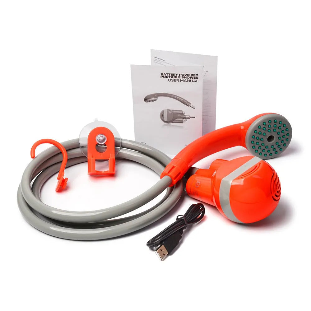 Portable outdoor electric shower in vibrant orange and yellow with ABS body and 1.8m PVC hose