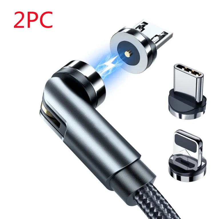Essager black magnetic USB charging cable showing 360-degree rotating connector and blue LED light.