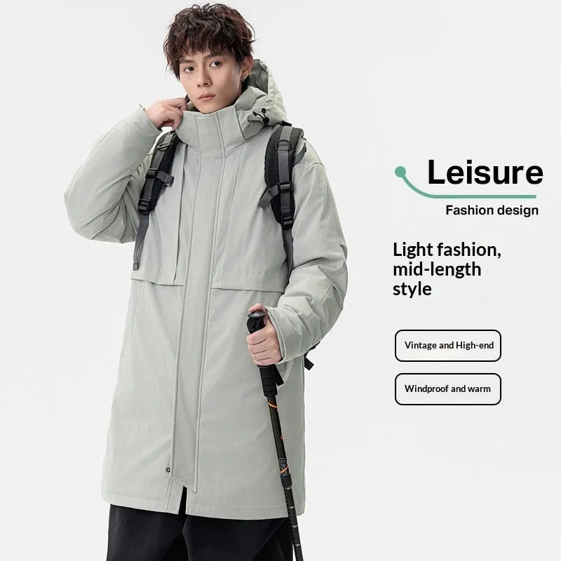 Men's loose fit windproof thickened polyester fibre winter coat in army green, front view with side pockets