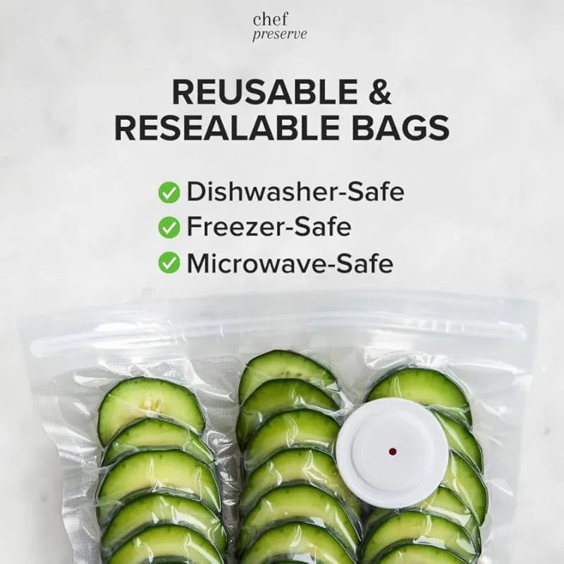 White USB electric vacuum food storage pump with five white 26x28cm plastic zipper bags.