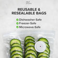 White USB electric vacuum food storage pump with five white 26x28cm plastic zipper bags.