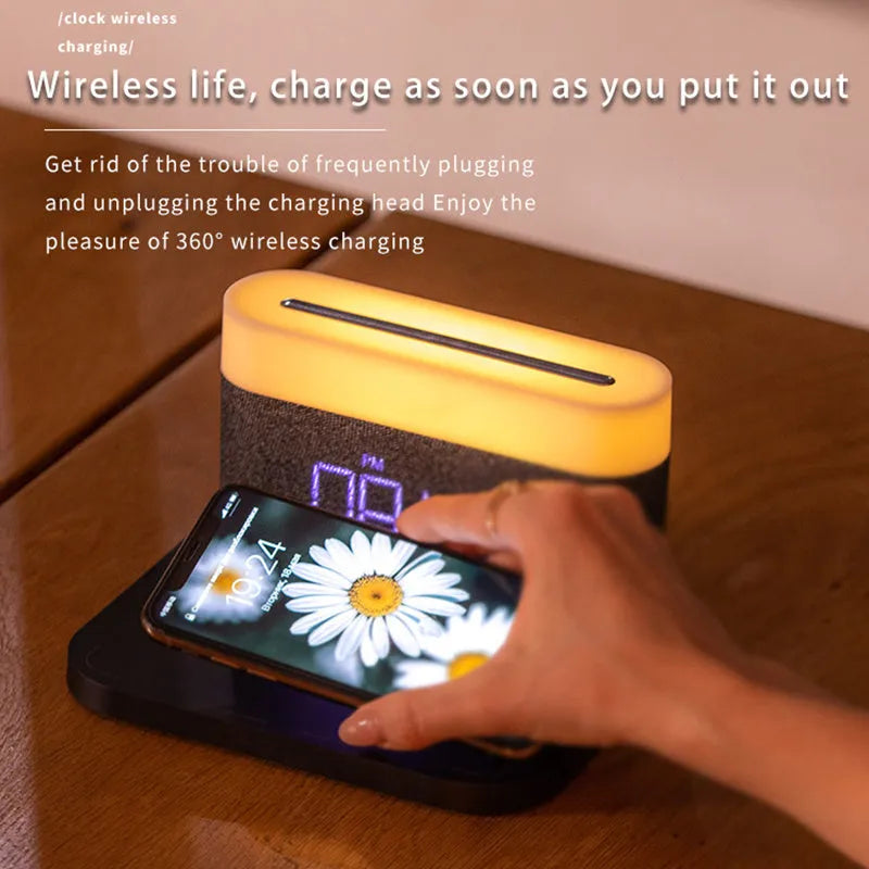 Mini wireless charging desktop clock night light table lamp in black or white colours