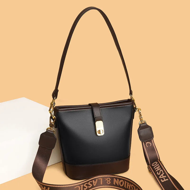 Korean style black bucket messenger bag with double shoulder straps and internal compartments