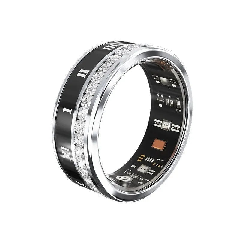 Gold and silver smart rings with diamond inlays displaying blood oxygen monitoring technology on a finger.