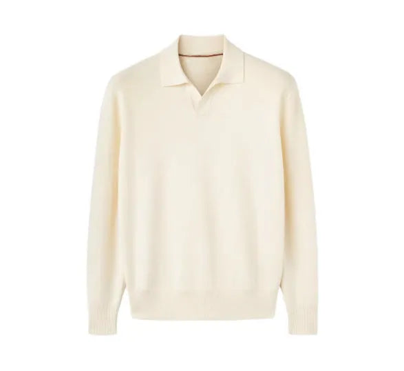 Old money style pure wool polo sweater with lapel collar in navy blue