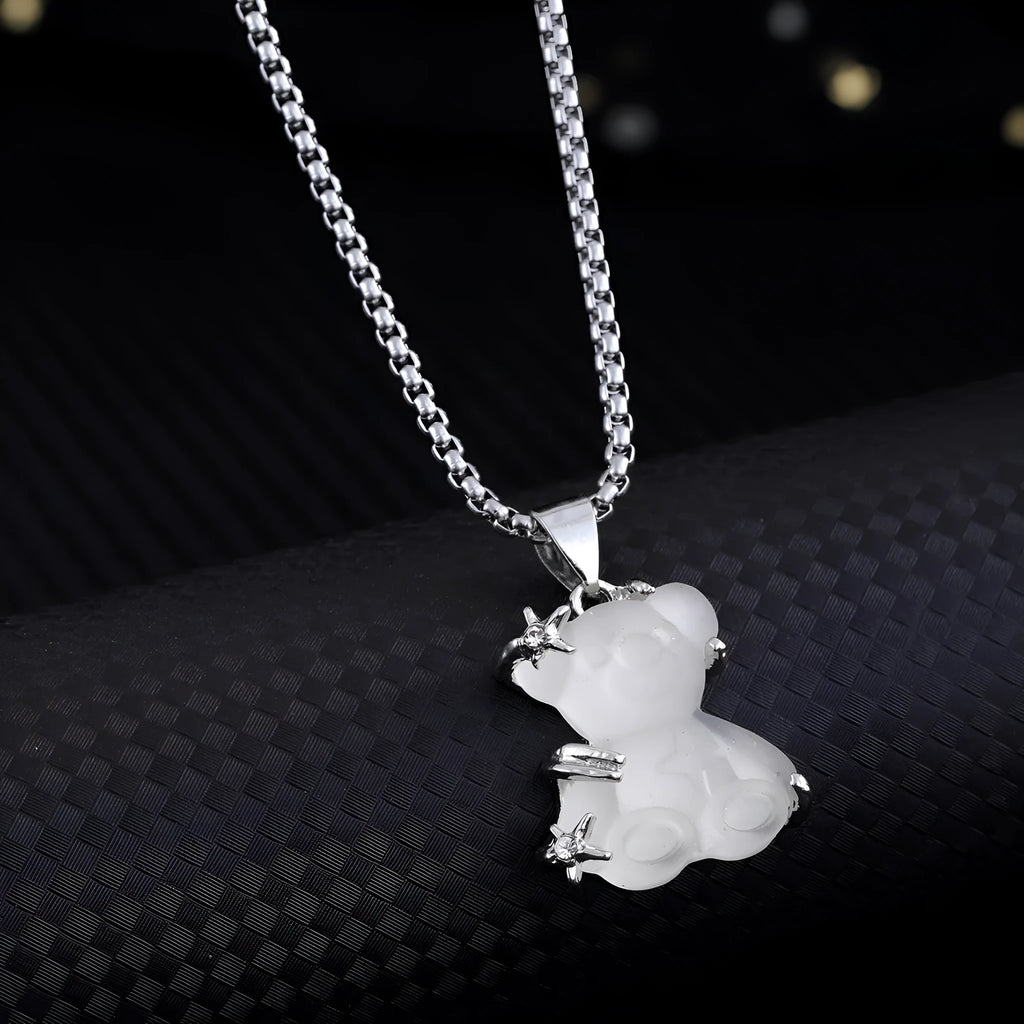 White K-color alloy bear pendant on titanium steel lock chain necklace