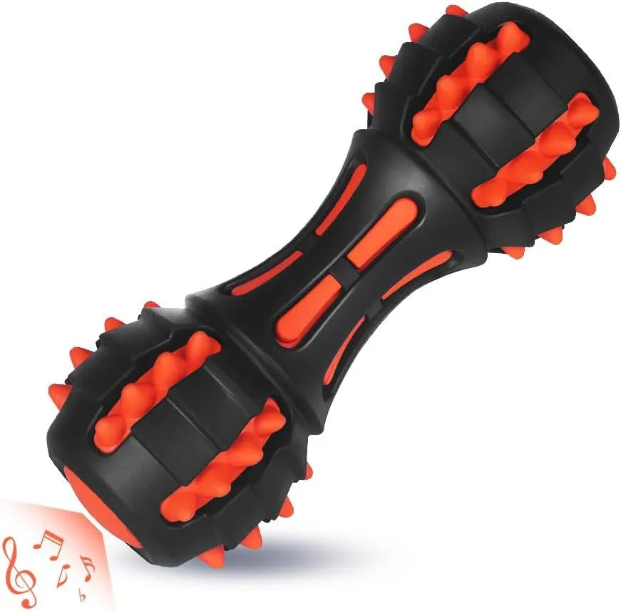Red dumbbell-shaped natural rubber dog chew toy for aggressive chewers with double-layer construction