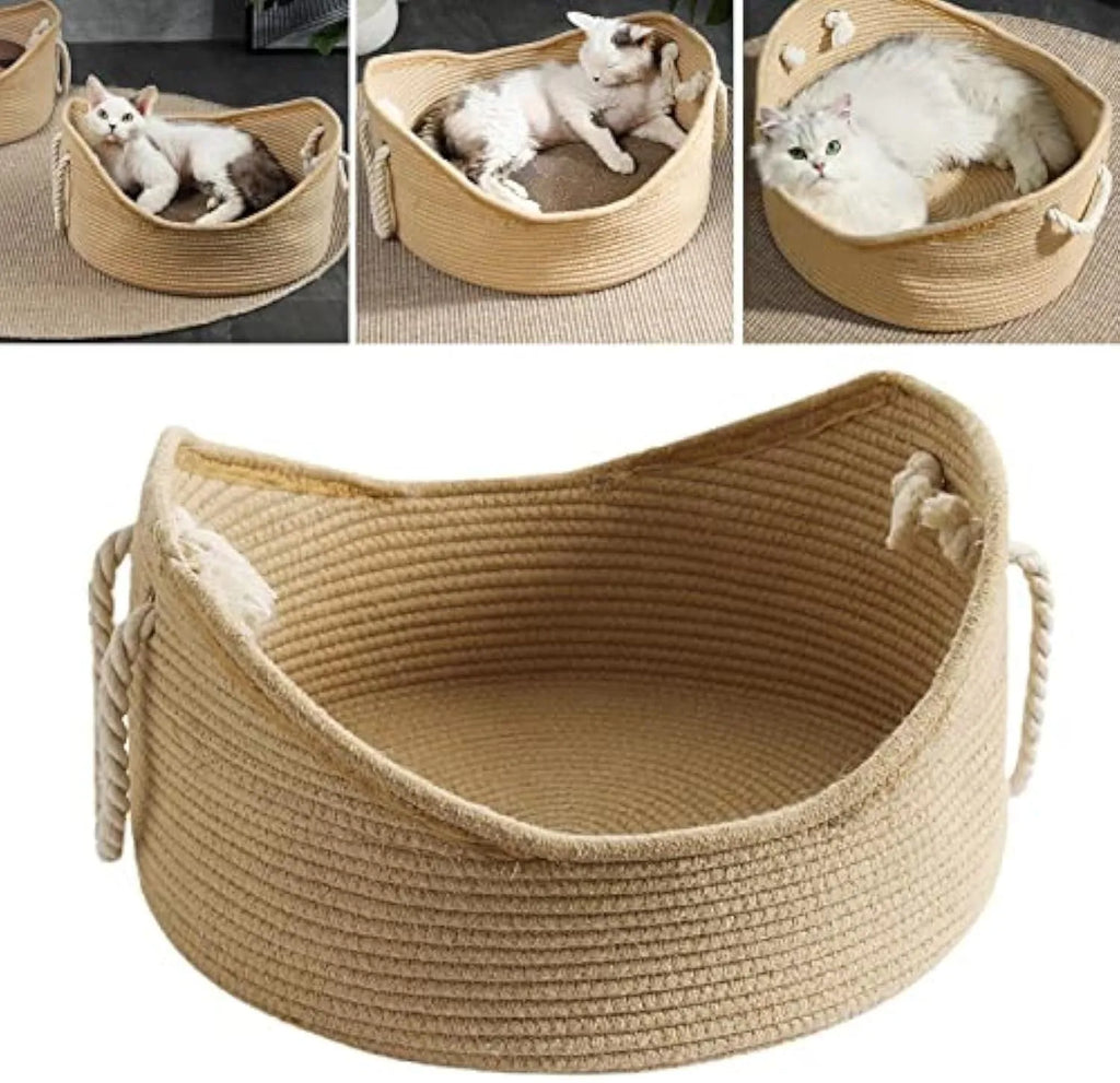 Wicker cat bed basket with corrugated scratching board in large and small sizes