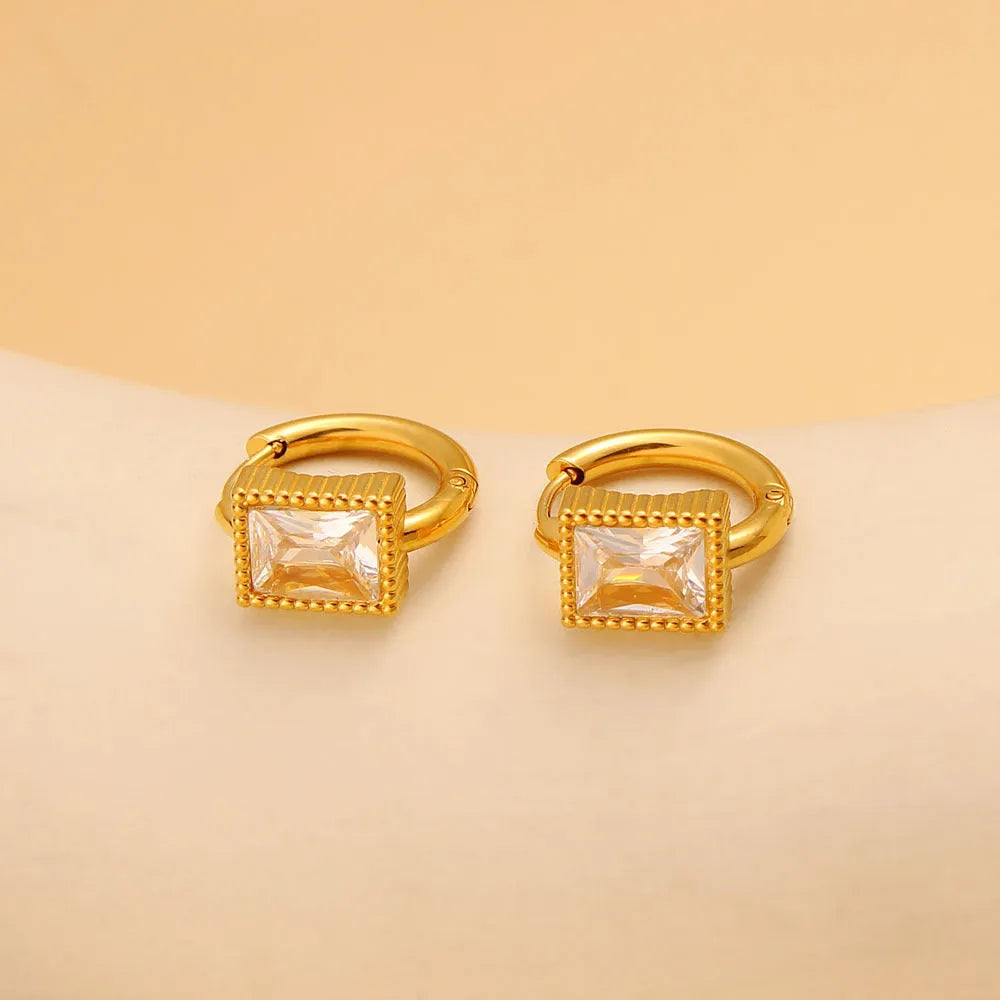 Geometric square stainless steel earrings with zircon detailing in electroplated white, black and green colours
