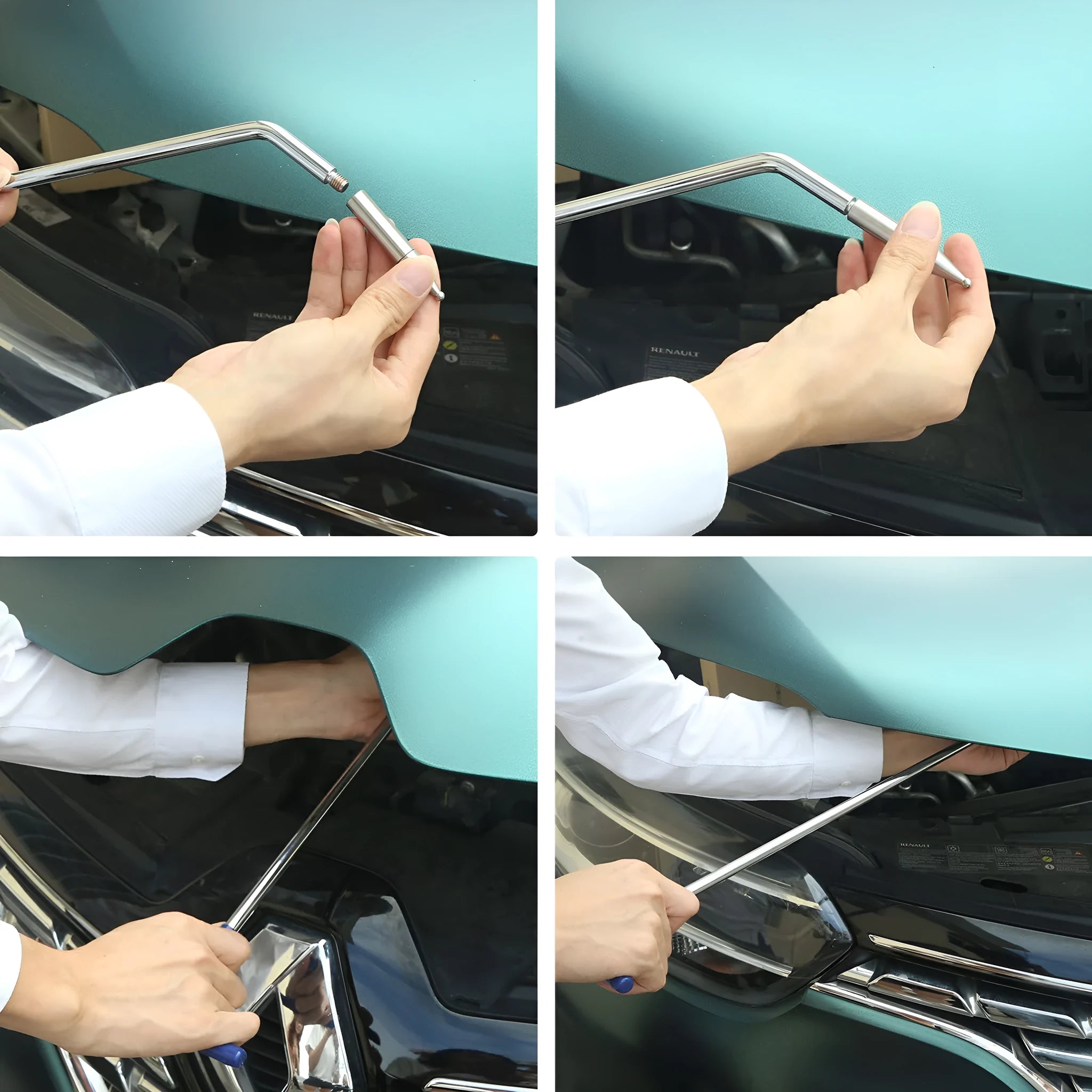 Three alloy steel hook crowbars for car dent repair in a professional tool set