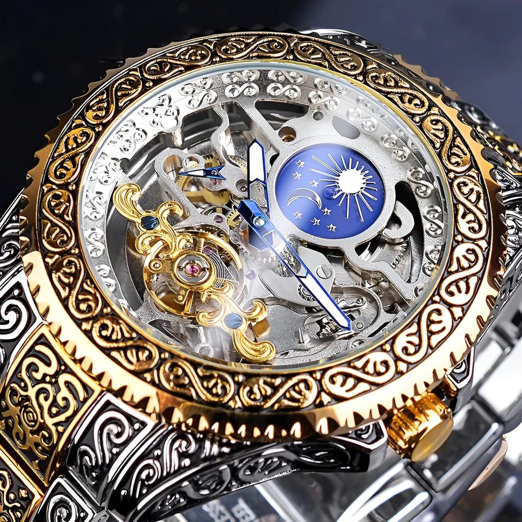 Yellow Forsining skeleton tourbillon mechanical watch with stainless steel band on wrist