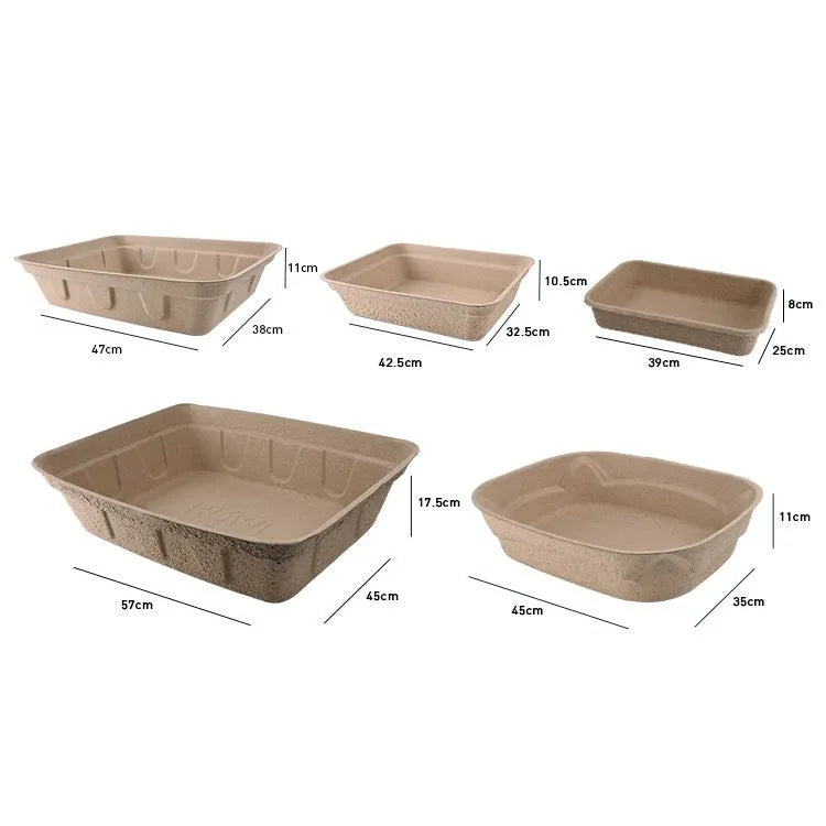 Brown disposable biodegradable cat litter box showing three size options with waterproof liner