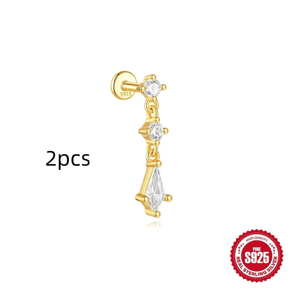 S925 sterling silver geometric kite earrings with rhinestones and chain tassel in gold tone