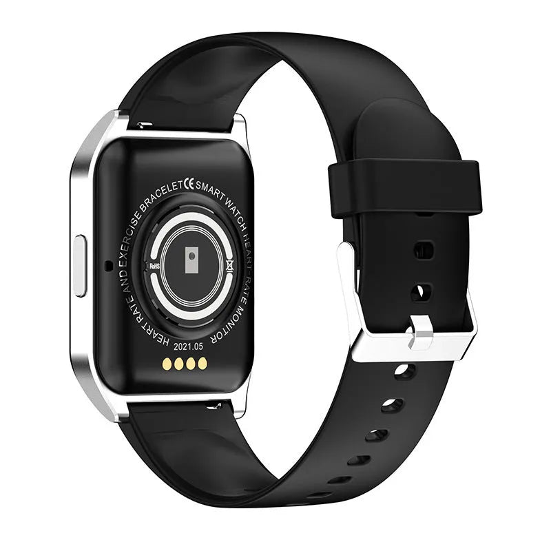 Black smart watch with 1.69-inch screen and silicone strap on wrist