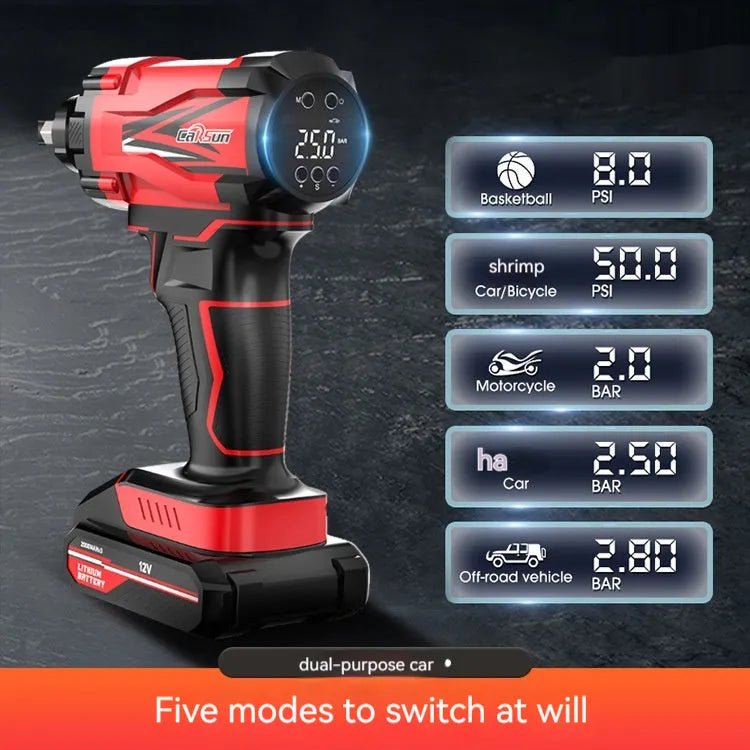 Red and black portable car tyre inflator unit with power cable and nozzles for tyres, balls and swimming rings
