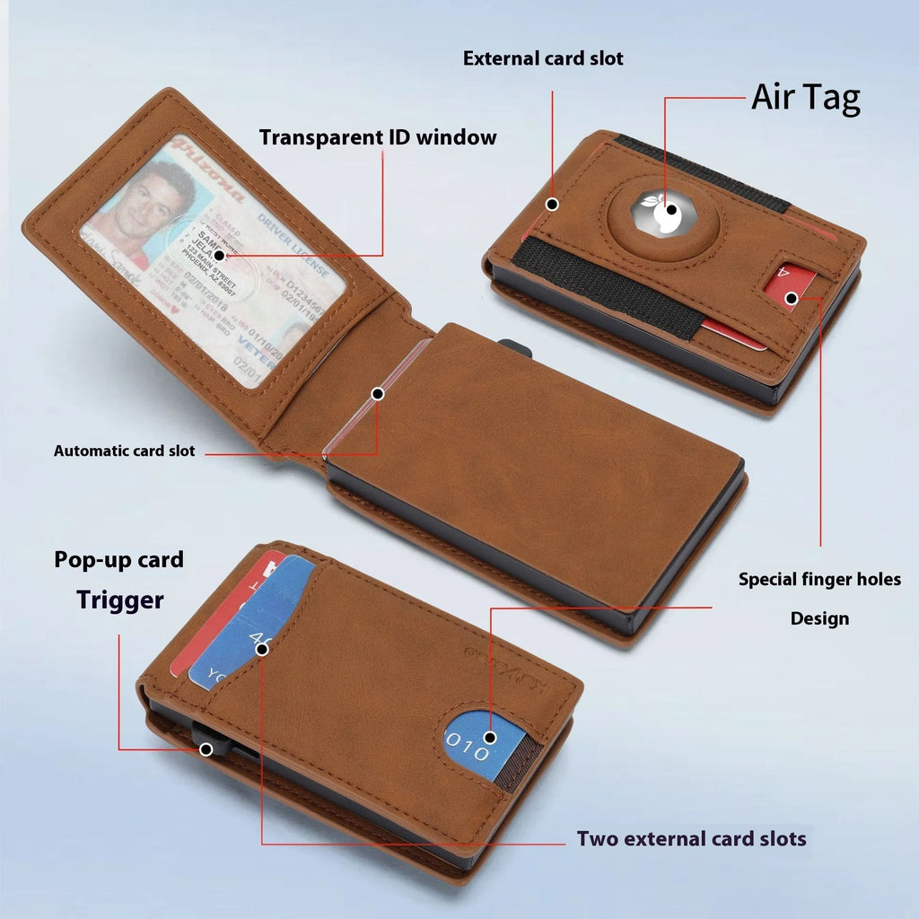 Men's slim RFID blocking card holder wallet in microfiber synthetic leather, shown in black, dark brown, and light brown.
