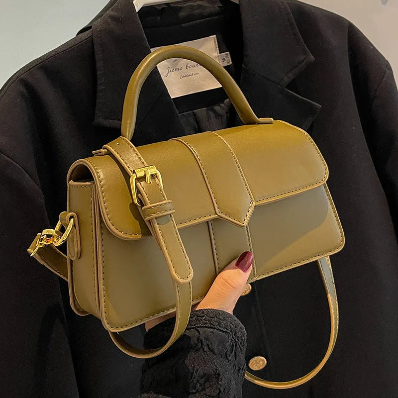 Women's beige PU messenger bag with file compartment showing dimensions of 22cm width by 13cm height