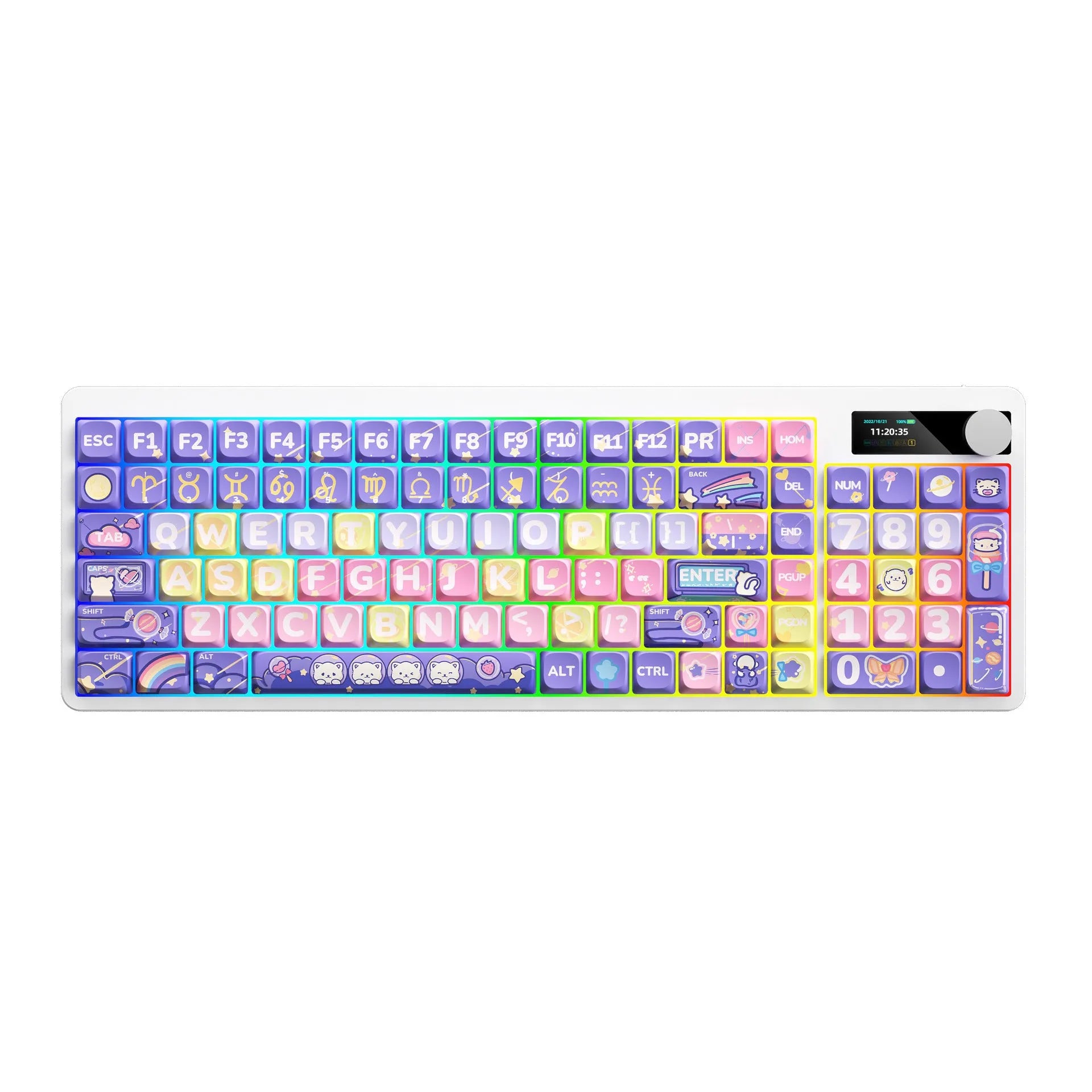 Black mechanical gaming keyboard with RGB backlighting and custom keycap designs