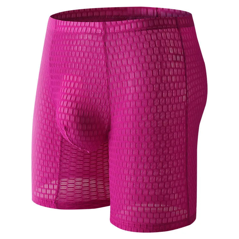 Men's lace boxer briefs in rose red colour showing shaping design on a mannequin.