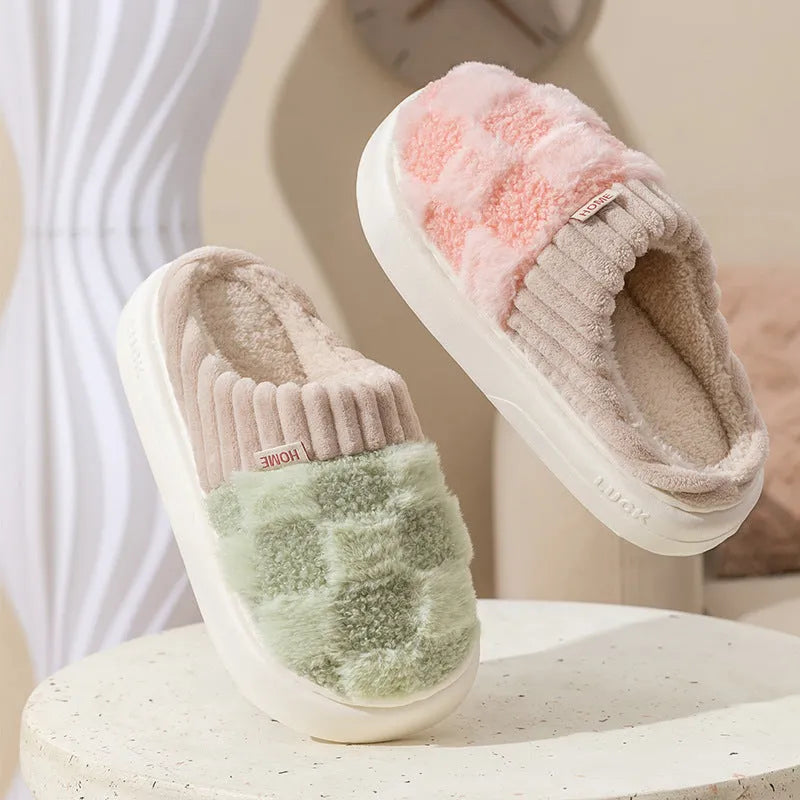 Women's plaid plush indoor slippers with coral velvet upper and non-slip PVC sole in multiple colours