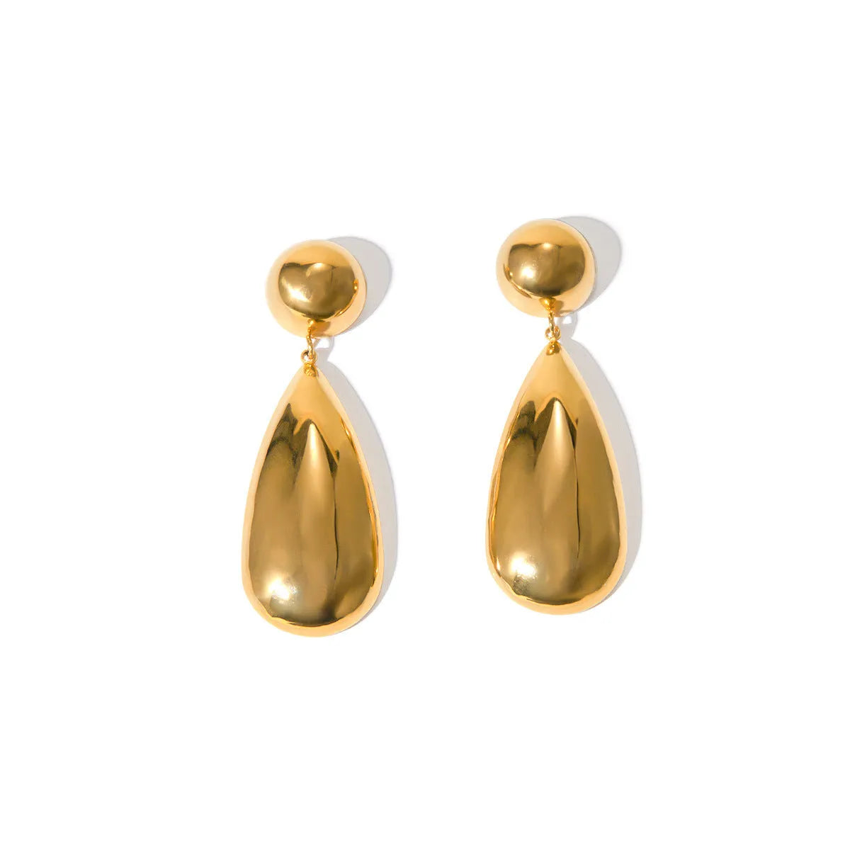 Gold-coloured stainless steel earrings with geometric water drop hemisphere pendant design