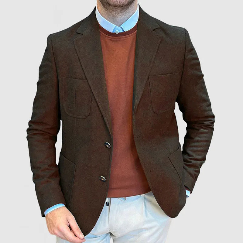 Men's loose retro cotton suit jacket in army green colour with two-tone buttons.